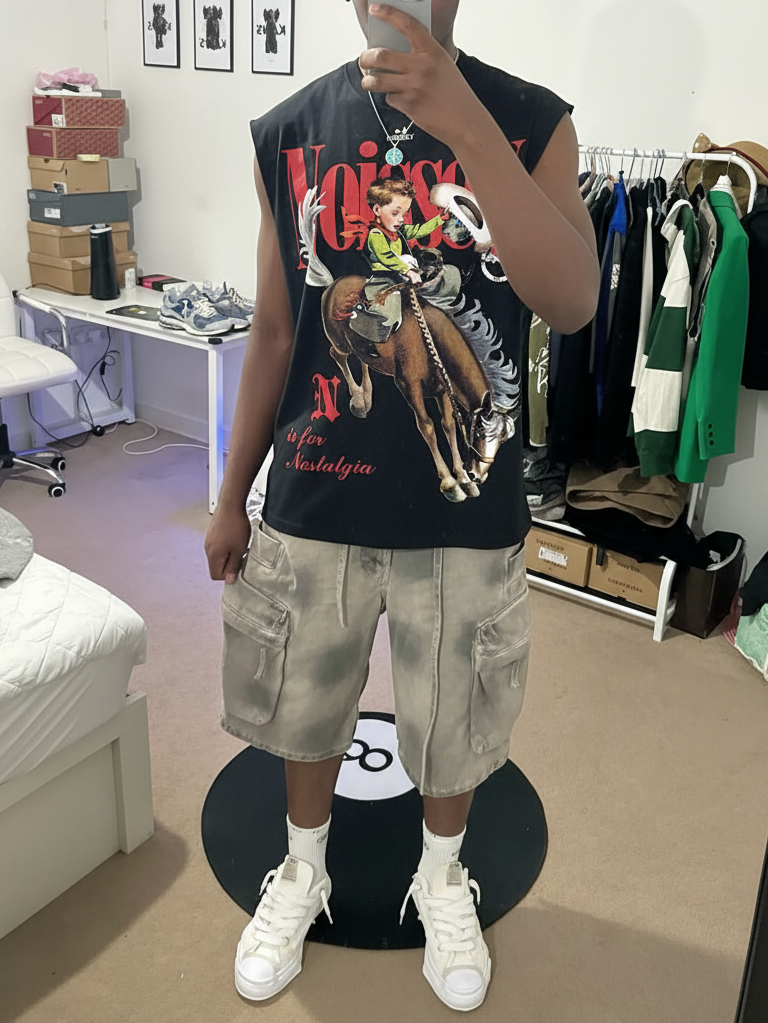 NOISSEY Vintage Cowboy Illustration Tank Top - Phantom Black 270G Heavyweight Oversized Sleevelless Tee