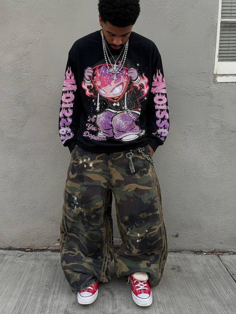 NOISSEY "Flame Kid" Pink-Purple Full-Rhinestone Long Sleeve - Heavyweight Black