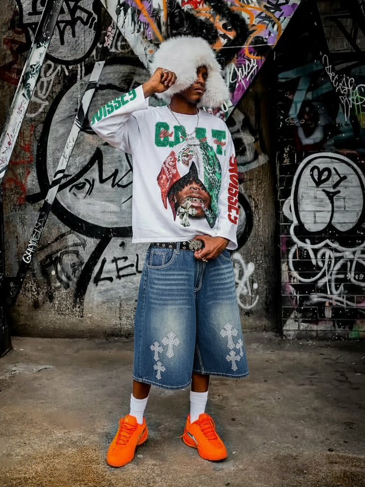 NOISSEY "Sovereign G.O.A.T." Sparkling Dual-Tone Paisley Bandana Biting Cross Heavyweight Long Sleeve