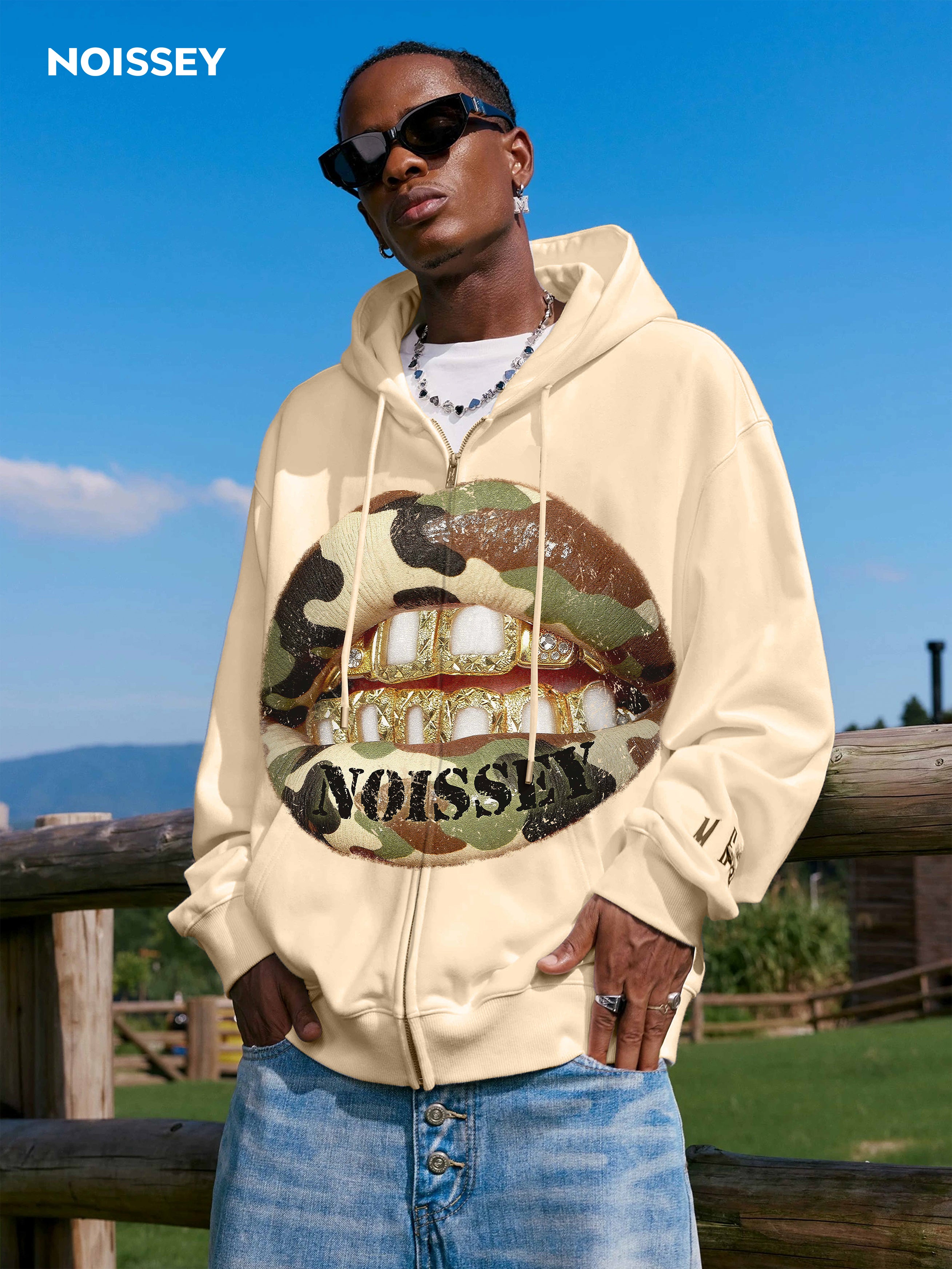 Camouflage Lips Gold Grills Shell-colored Warmth-keeping Hoodie