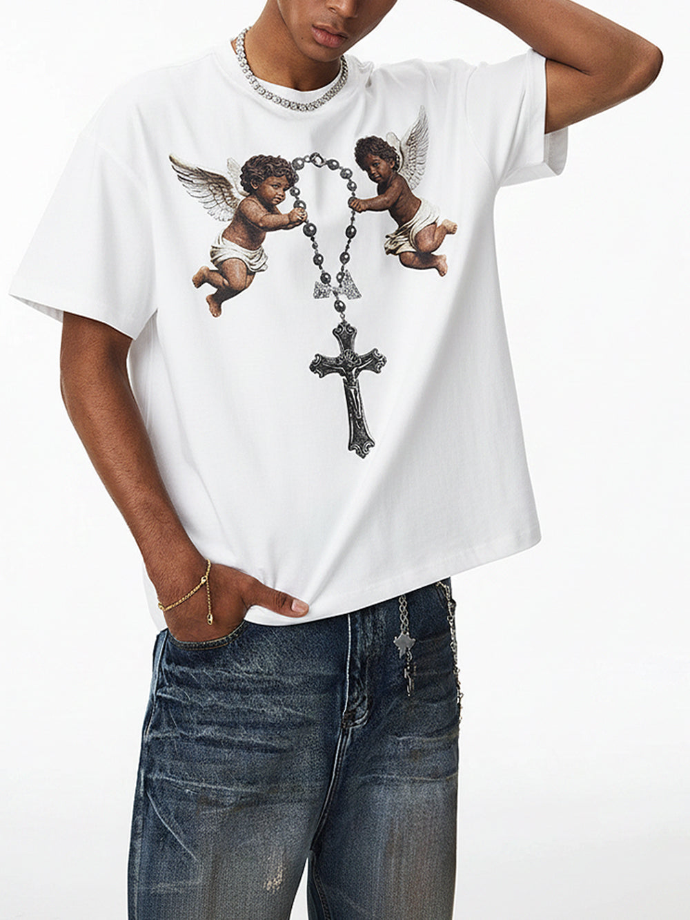 NOISSEY "Cherub Divine Faith" Vintage Angel Art Print Heavyweight T-Shirt - Pure White