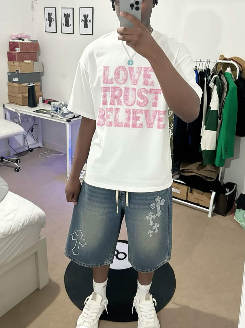 NOISSEY "Lace Romance" Tactile Flower Texture LOVE TRUST BELIEVE Oversized Tee