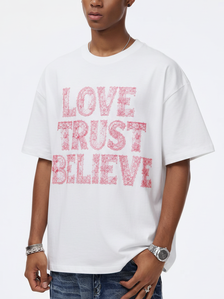 NOISSEY "Lace Romance" Tactile Flower Texture LOVE TRUST BELIEVE Oversized Tee