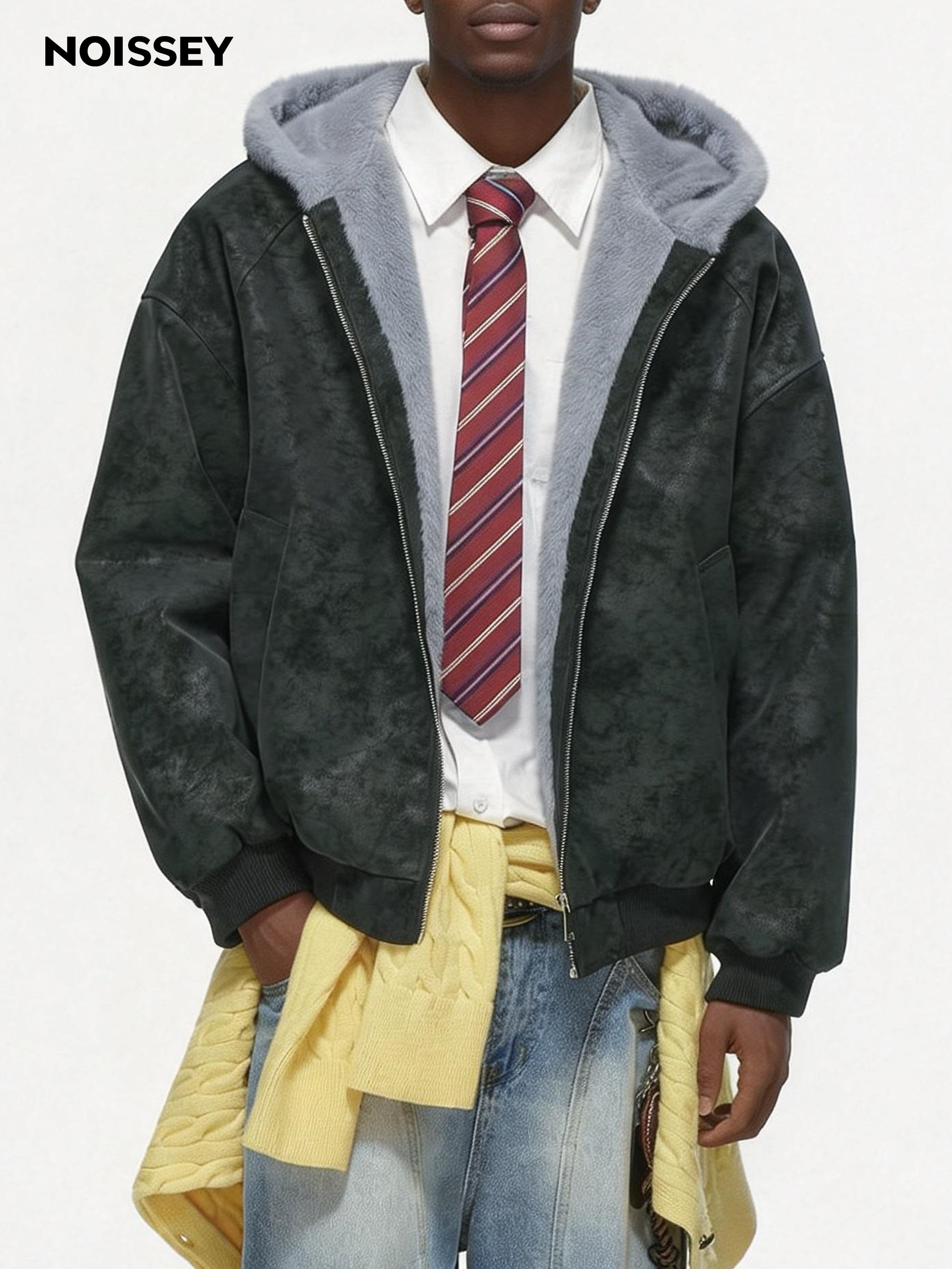 Fleece-lined Thickened Leather Coat with Fur Collar