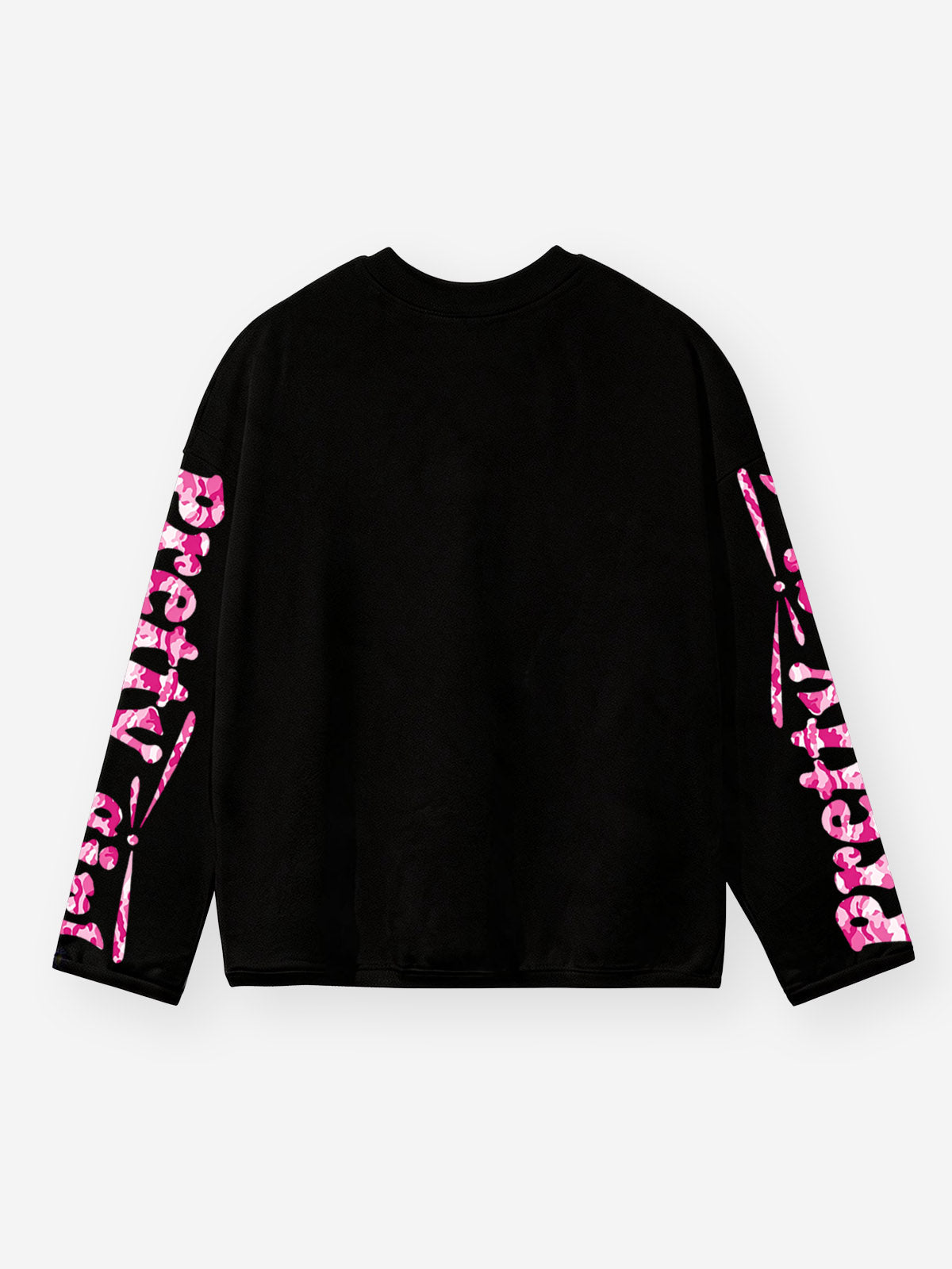 NOISSEY "Pretty Girl Superpowers" Pink Camo Rescue & Crayon Graffiti Black Crewneck Long Sleeve Shirt