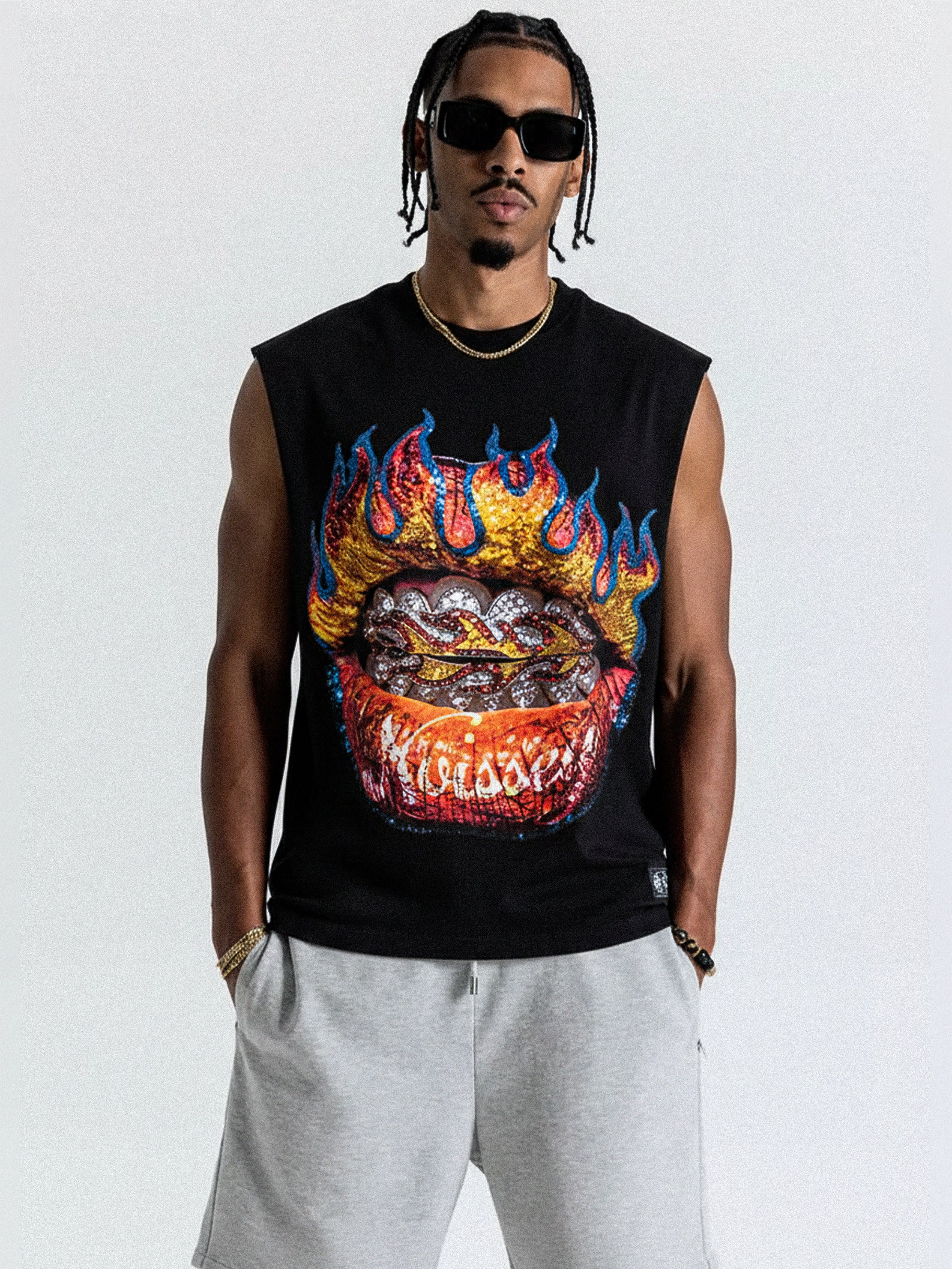 NOISSEY "Flame Grillz" Heavyweight Boxy Tank | Diamond Iced-Out Art with "Star-Dust" Glitter