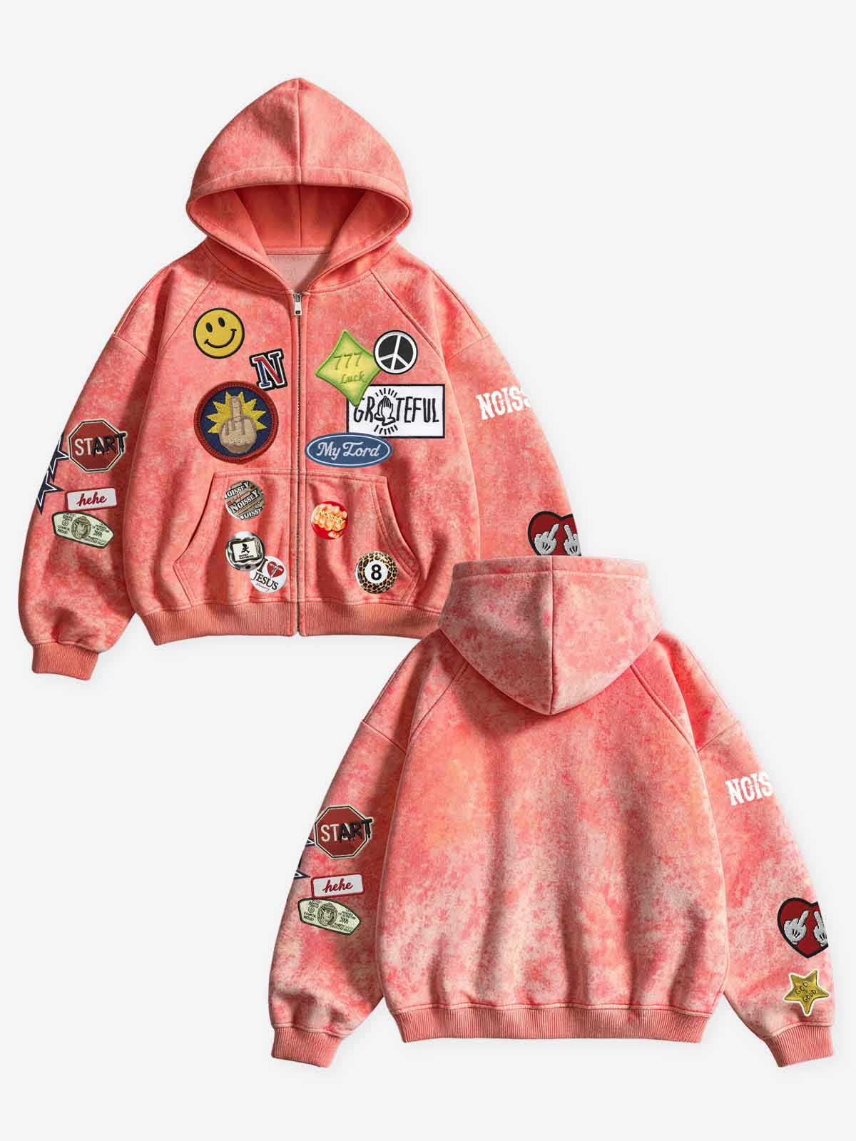 NOISSEY Sunset Orange Acid Wash Multi-Patch Graphic DIY Zip-Up Hoodie