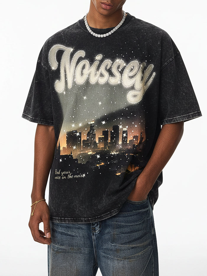 NOISSEY "City Lights" Boxy Vintage Wash Rhinestone Logo Tee - Washed Black