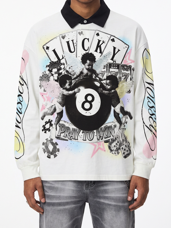 NOISSEY "Pray to Win" Three Angels & Lucky 8-Ball Graphic Polo Shirt
