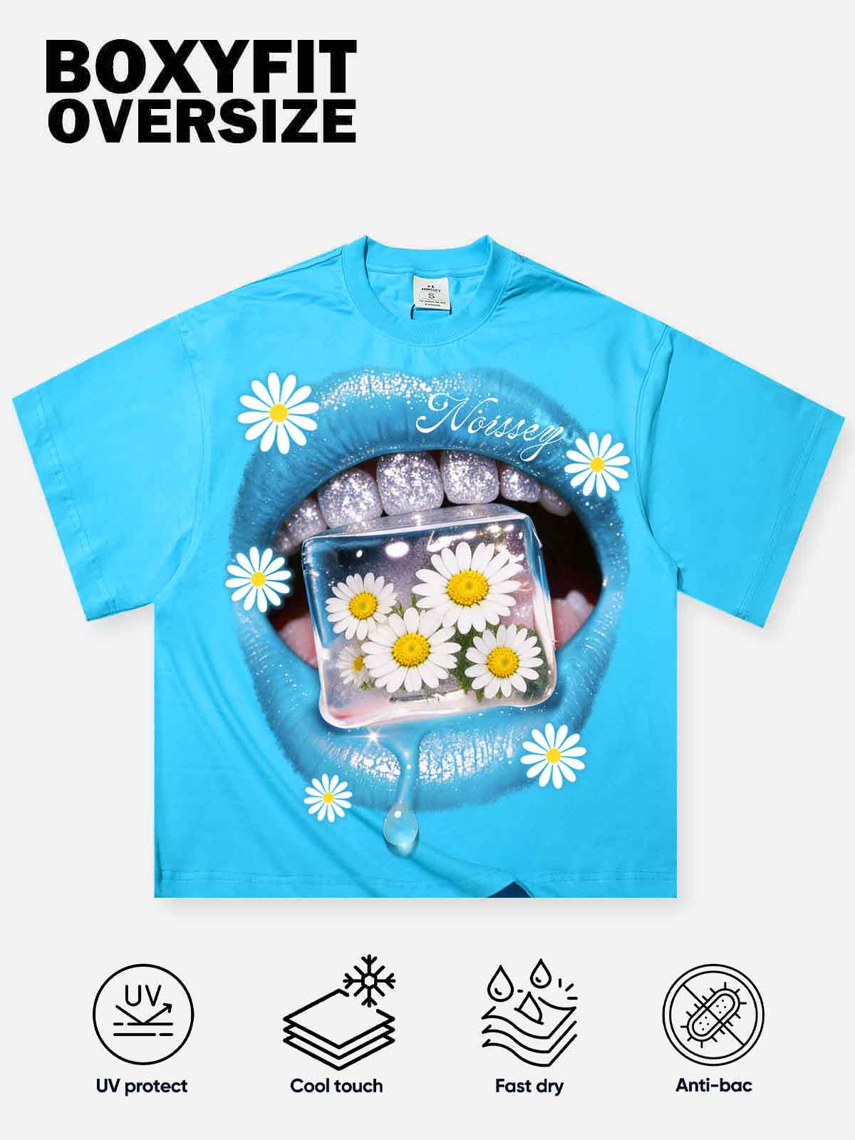 NOISSEY Ice Blue Glitter Lips Frozen Daisy Boxy Graphic Tee -  Y2K Streetwear Shirt