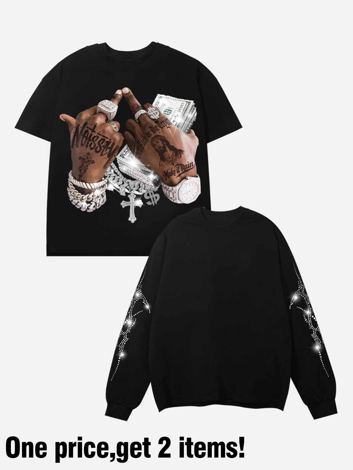 Black t-shirt and black sweatshirt with graphic designs on a white background