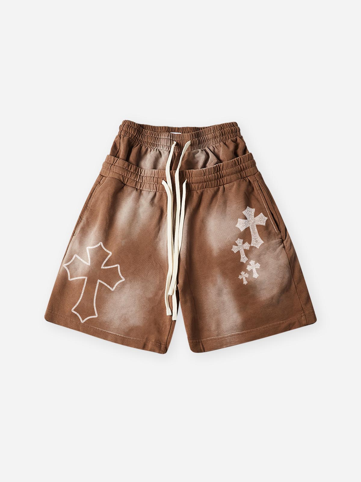 NOISSEY Rhinestone Gothic Cross Heavy Sweat Shorts - 4 Colors Available