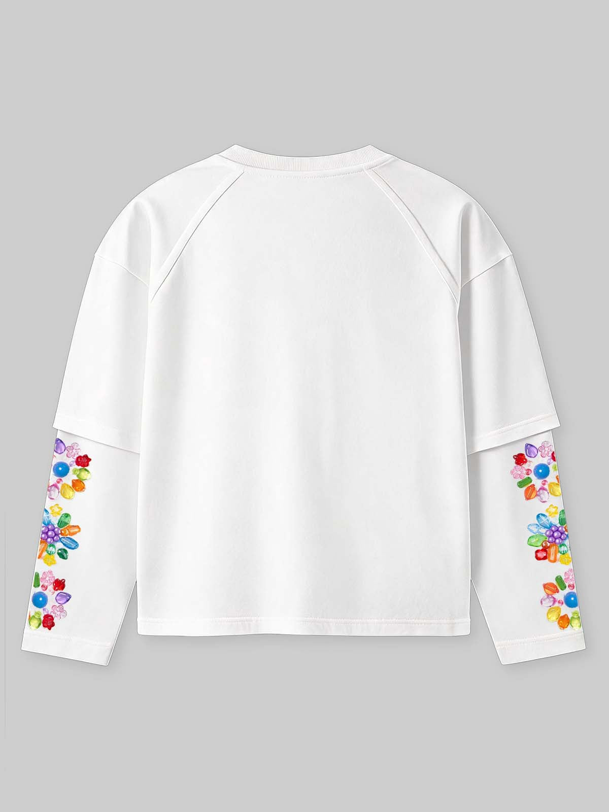 NOISSEY Rainbow Crystal Beaded Script Faux-Two-Piece Long Sleeve - Pearl White