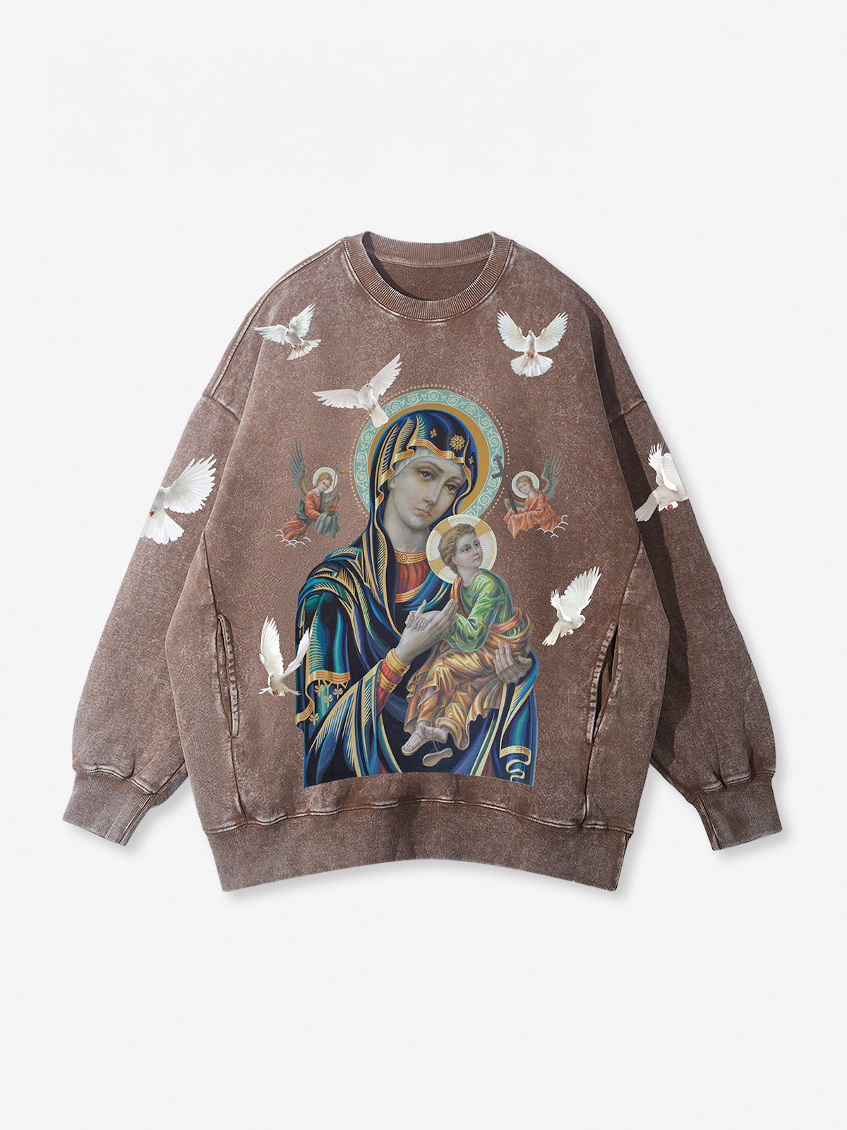 UNKNOWN ALLURE© Schwarzes 350G-Sweatshirt mit Madonna und Kind in Rosa mit Rundhalsausschnitt