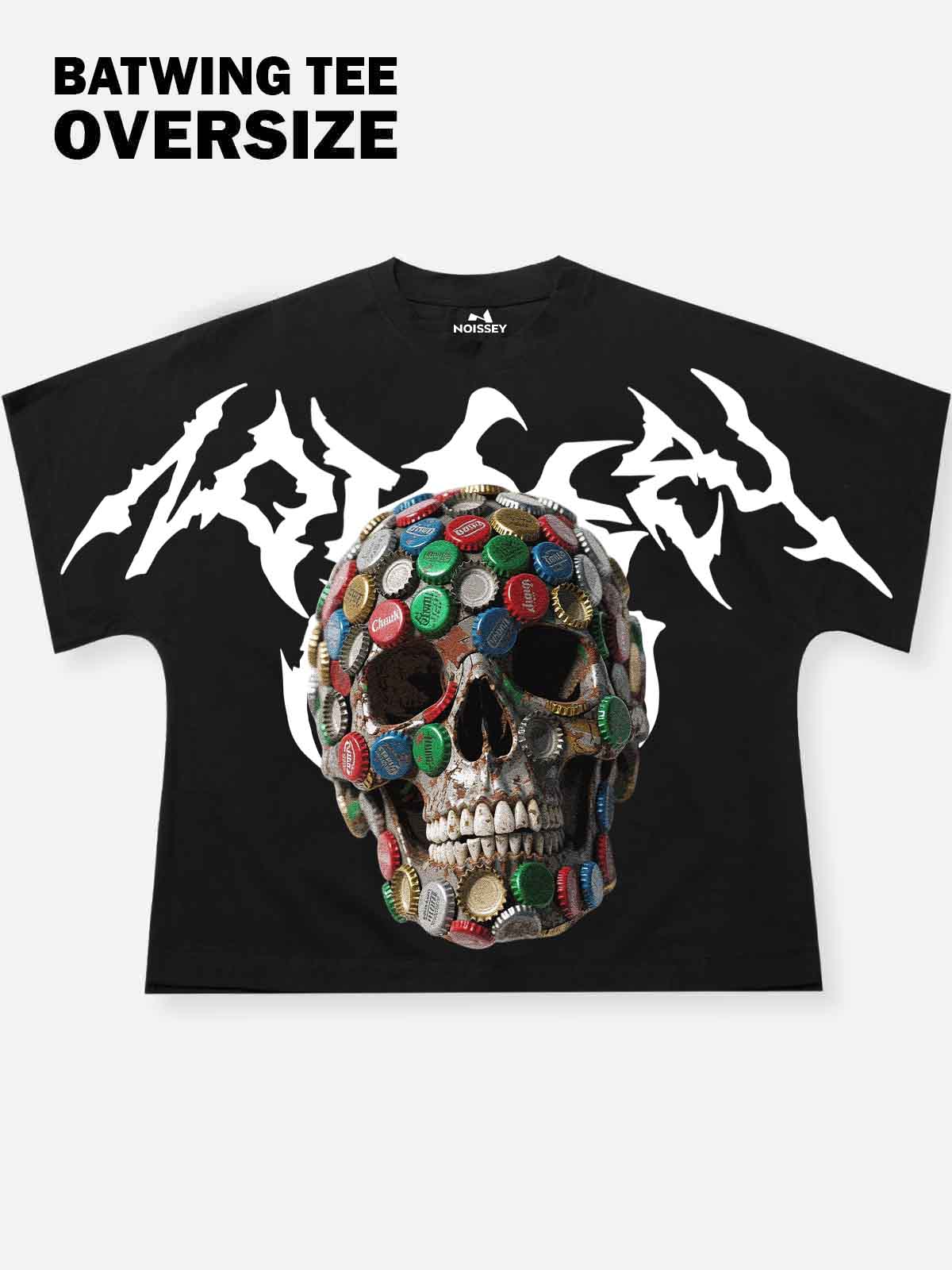 Oversized Batwing T-shirt Wild Bottle Cap Skull Collage Print