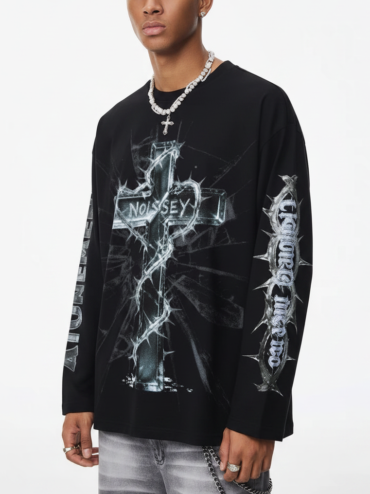 NOISSEY "Glass Cross" Heavyweight Long Sleeve - Cyber Gothic Black