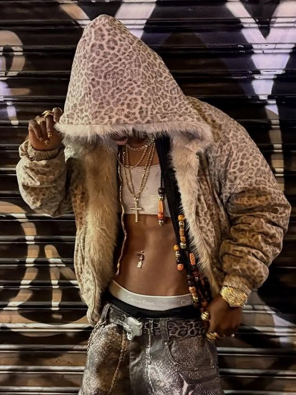 Leopard Print Cotton Jacket with Fleece Lining