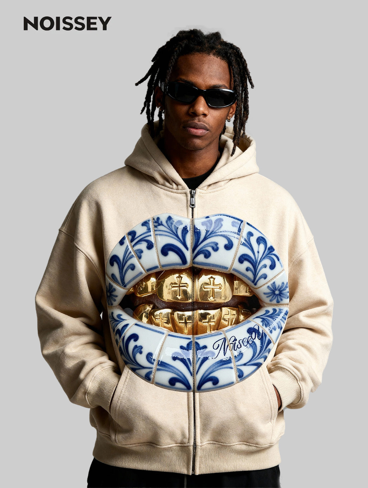 Blue Ceramic Gold Grillz Shell Print Hoodie