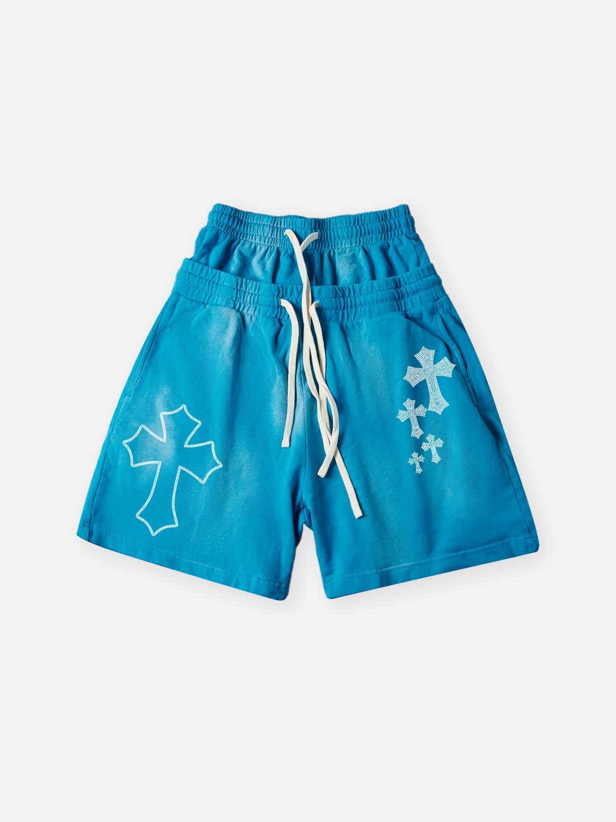 NOISSEY Rhinestone Gothic Cross Heavy Sweat Shorts - 4 Colors Available