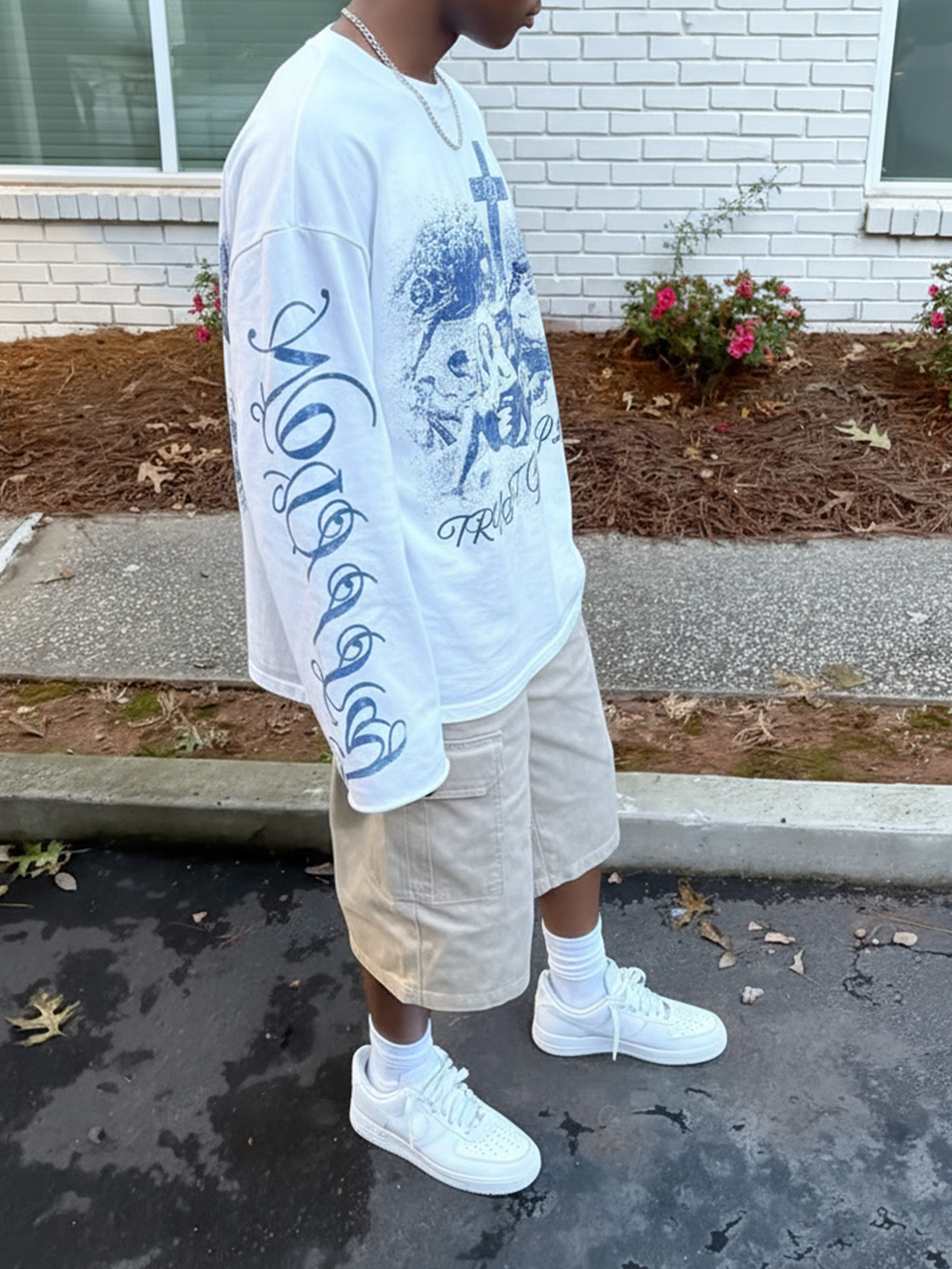 NOISSEY "Trust God's Plan" Archival Print Crewneck – Vintage Blue Oversized Long Sleeve