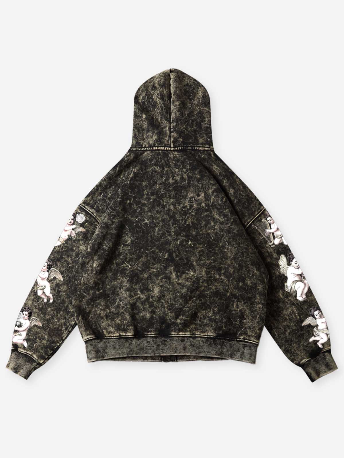 NOISSEY Vintage Washed Virgin Mary & Angels Graphic Boxy Zip-Up Hoodie - Acid Wash Black