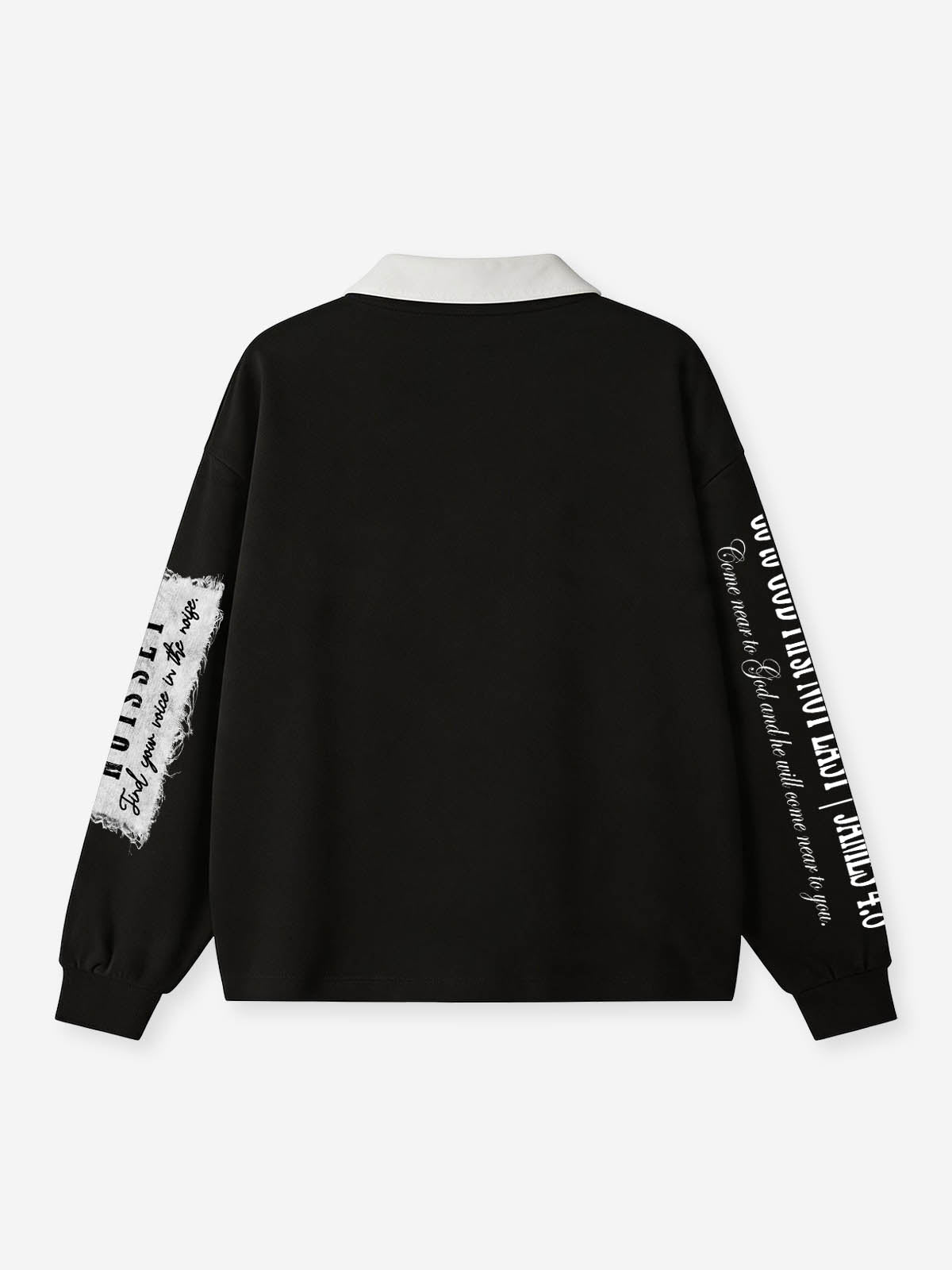 NOISSEY Fray-Edge Virgin & Child Graphic Contrast Collar Polo Sweatshirt - Black Streetwear Shirt
