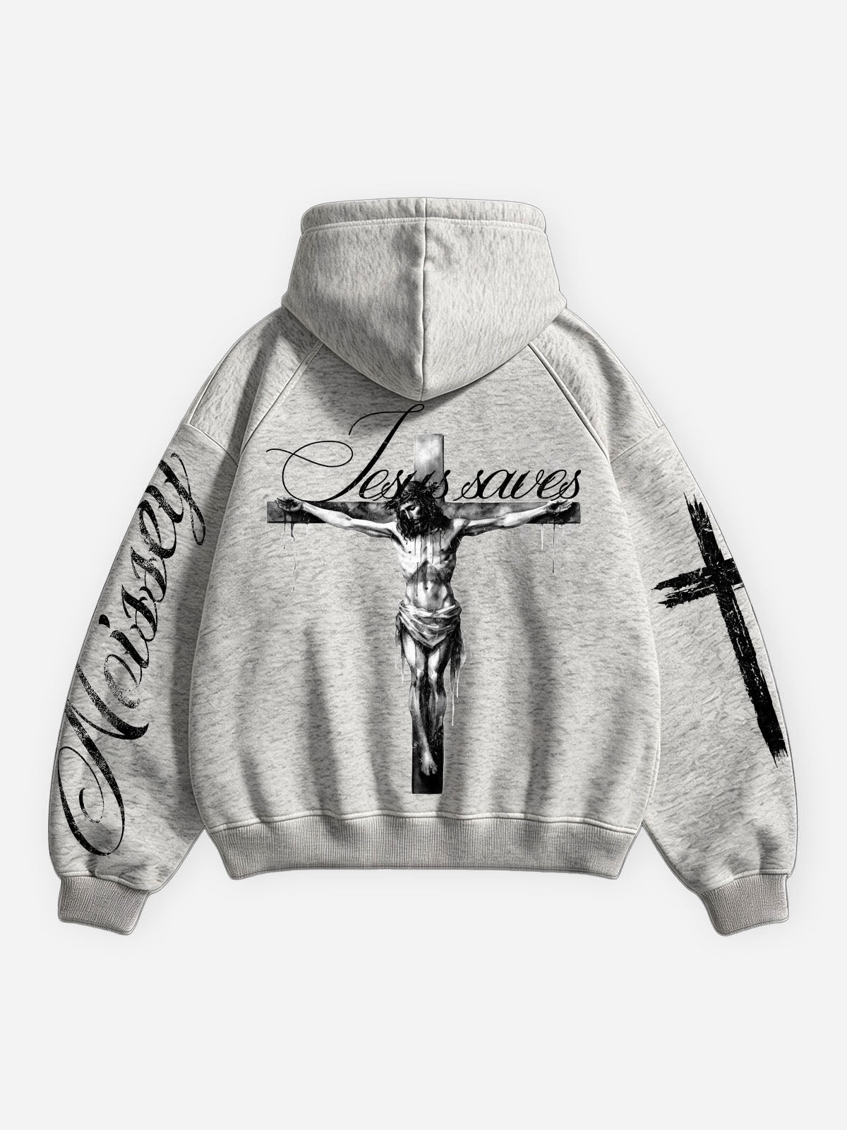 NOISSEY God Cross Religious Distressed Graphic Heavyweight Zip-Up Hoodie - Heather Gray Streetwear Sweatshirt
