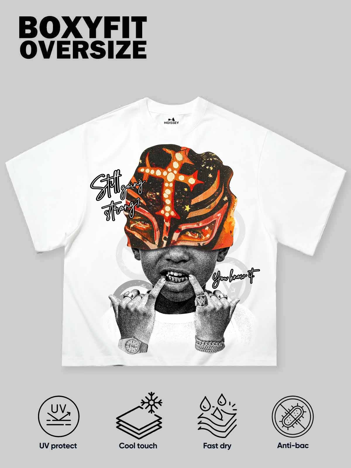 NOISSEY Lucha Mask Kid Gold Grillz Boxy Graphic Tee - White Streetwear Shirt