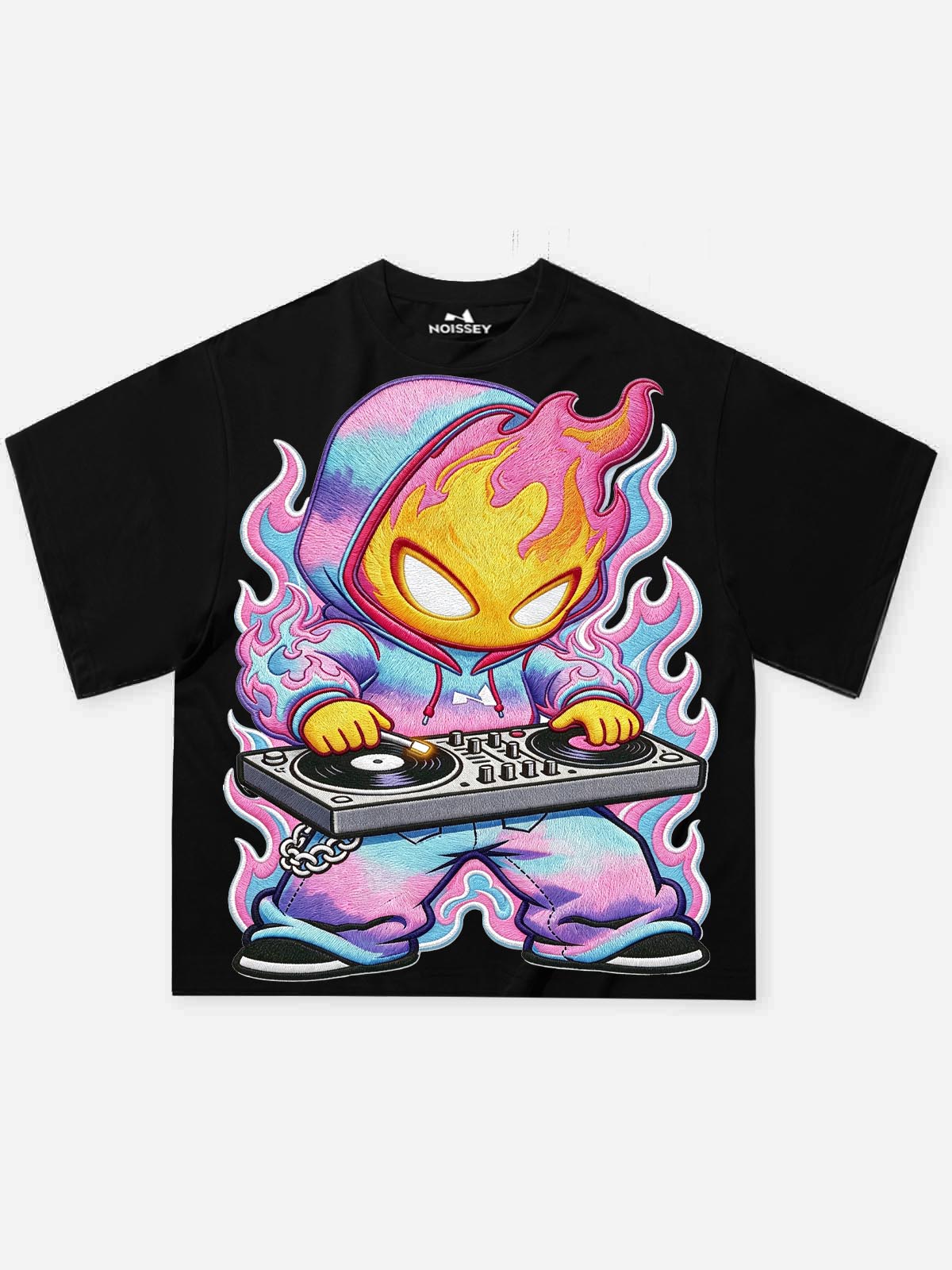 NOISSEY Rainbow Tie-Dye DJ Skater Fire-Boy Street Art Print Short Sleeve T-Shirt - Black