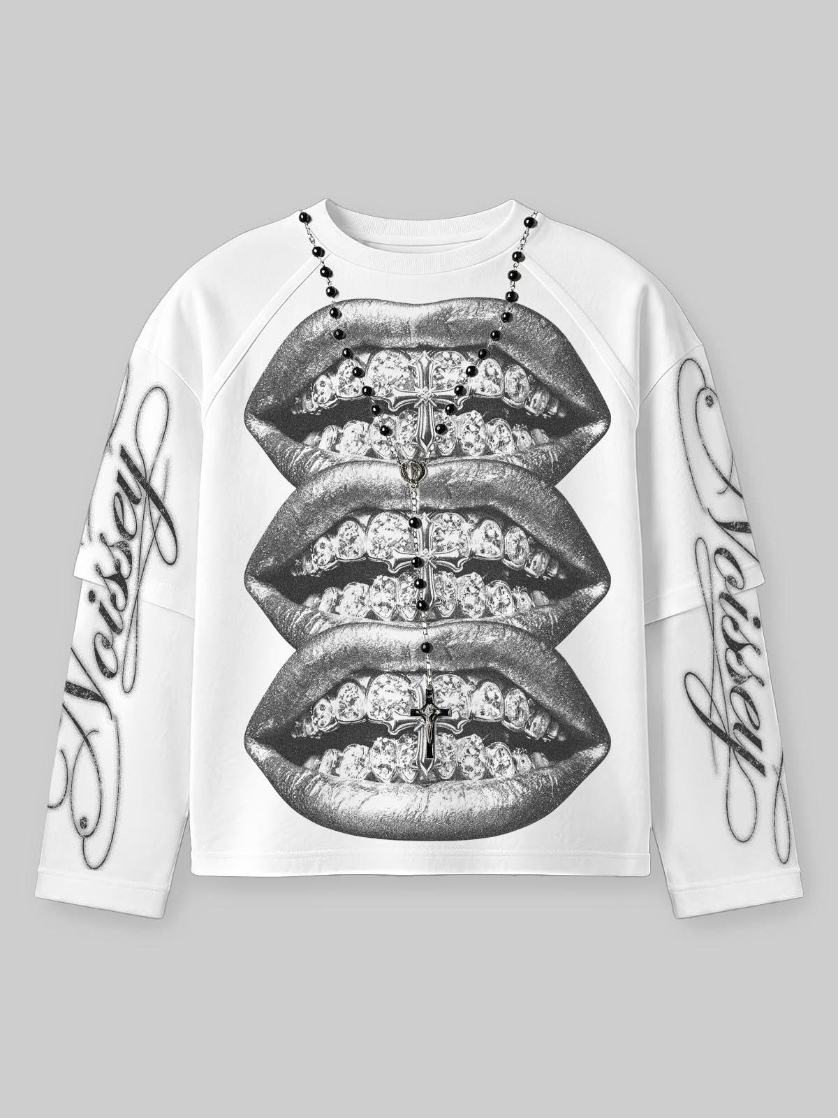NOISSEY Monochrome Triple Iced-Out Cross Lips Faux Layer Sweatshirt - White Streetwear