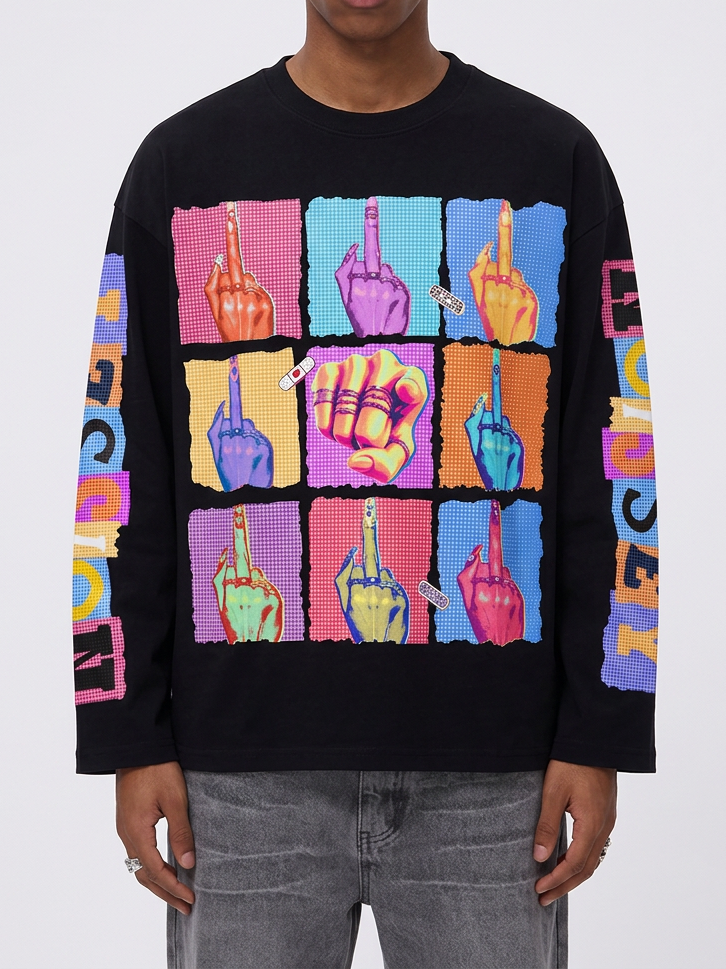 NOISSEY Pop Art Grid Middle Finger &amp; Manicure Graphic Long Sleeve Tee