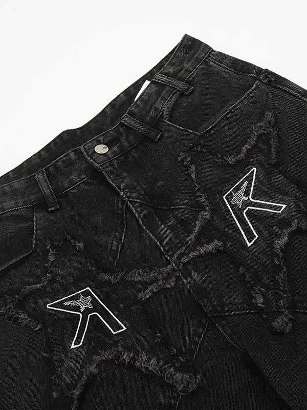 Retro Star Embroidery Washed Straight Jeans