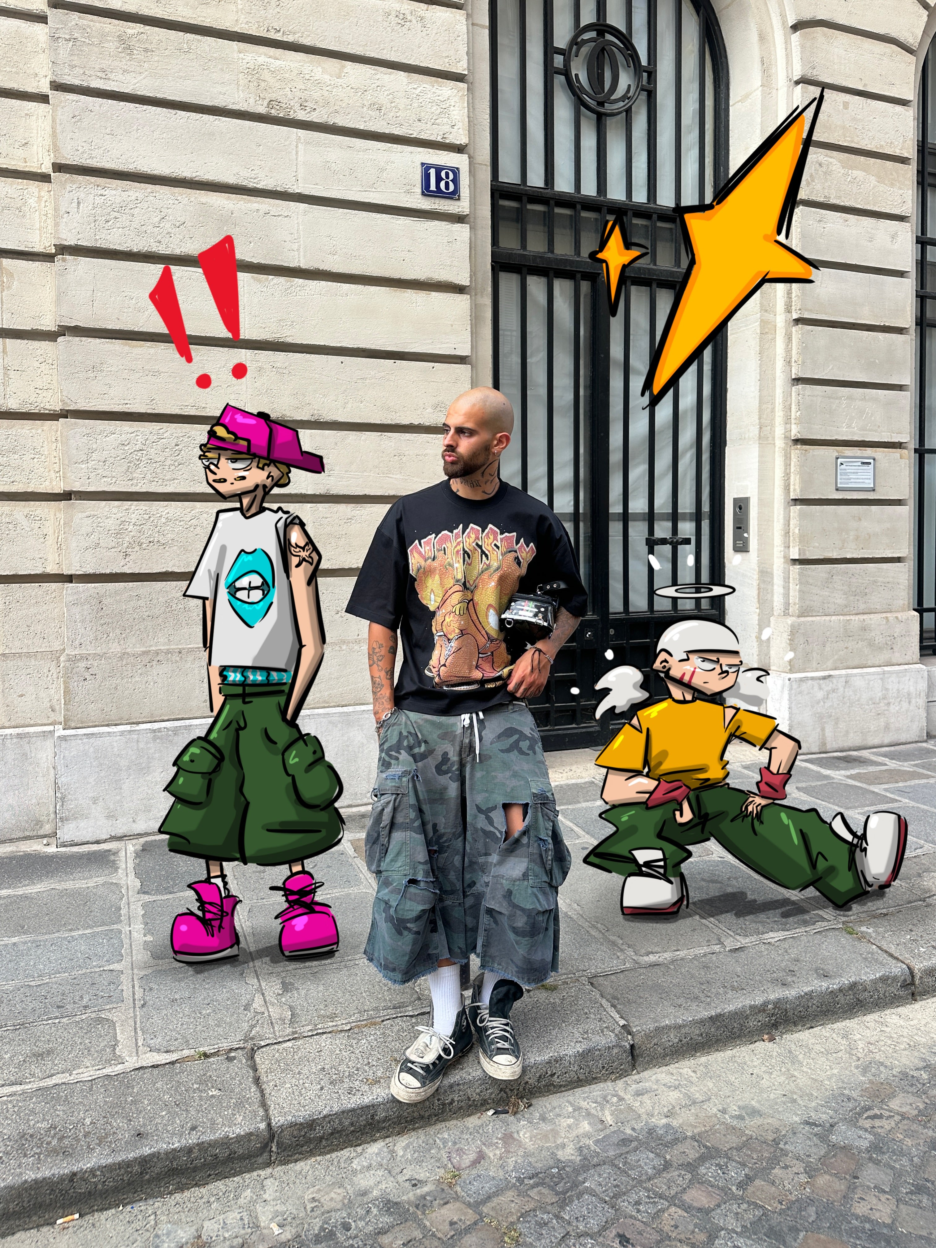 NOISSEY „FLAME TWINS“ übergroßes Kunst-T-Shirt mit Voll-Rhinsteinbesatz