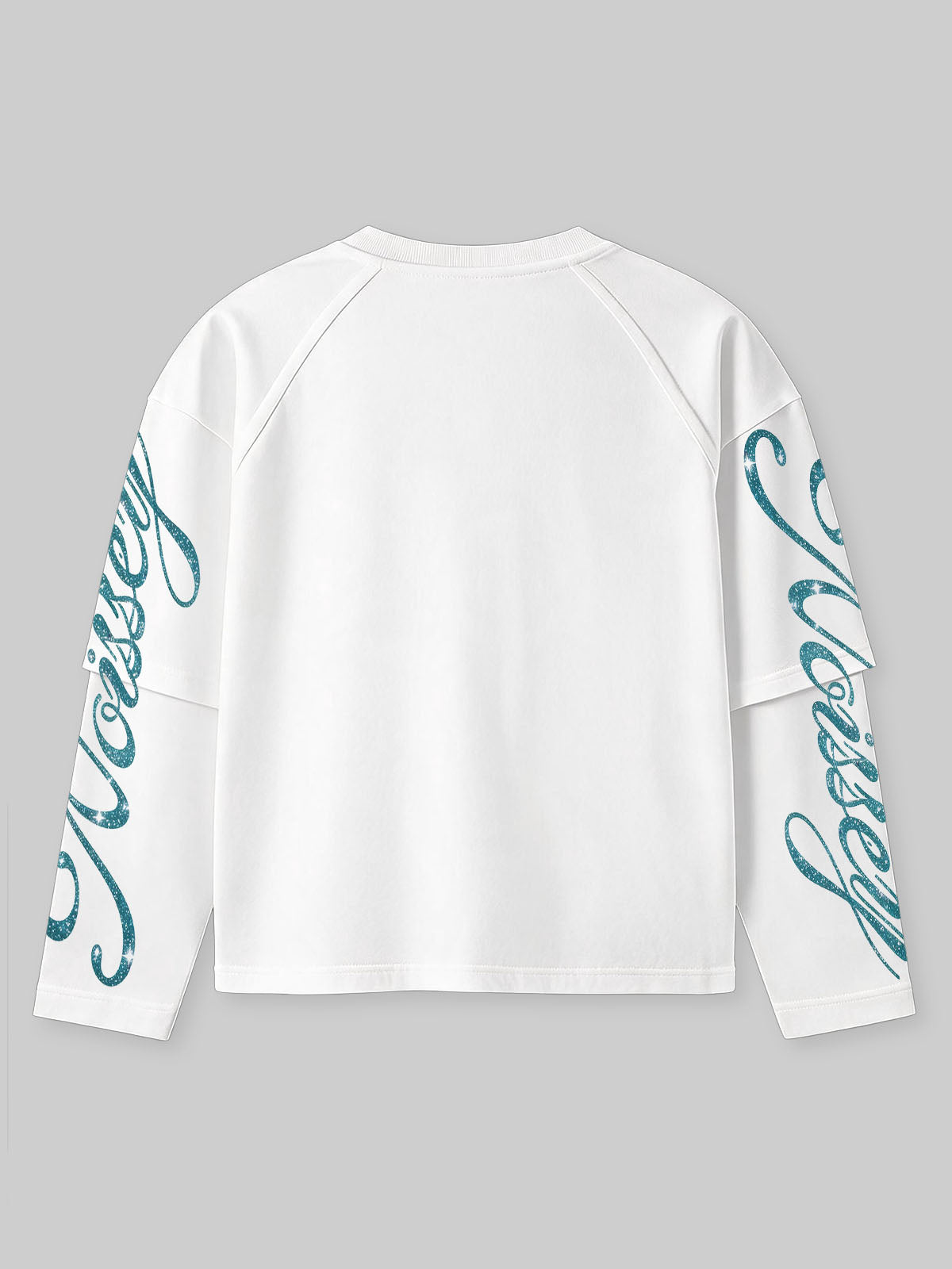 NOISSEY "Teal Glitter Buddha" Face-Covering White Faux-Two-Piece Long Sleeve Tee