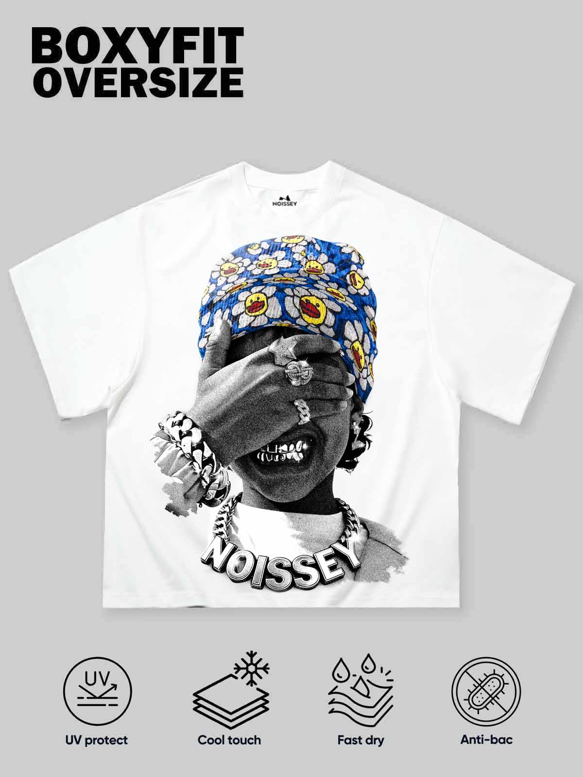 NOISSEY Blue Flower Bandana Kid Gold Grillz Boxy Graphic Tee - White Streetwear Shirt