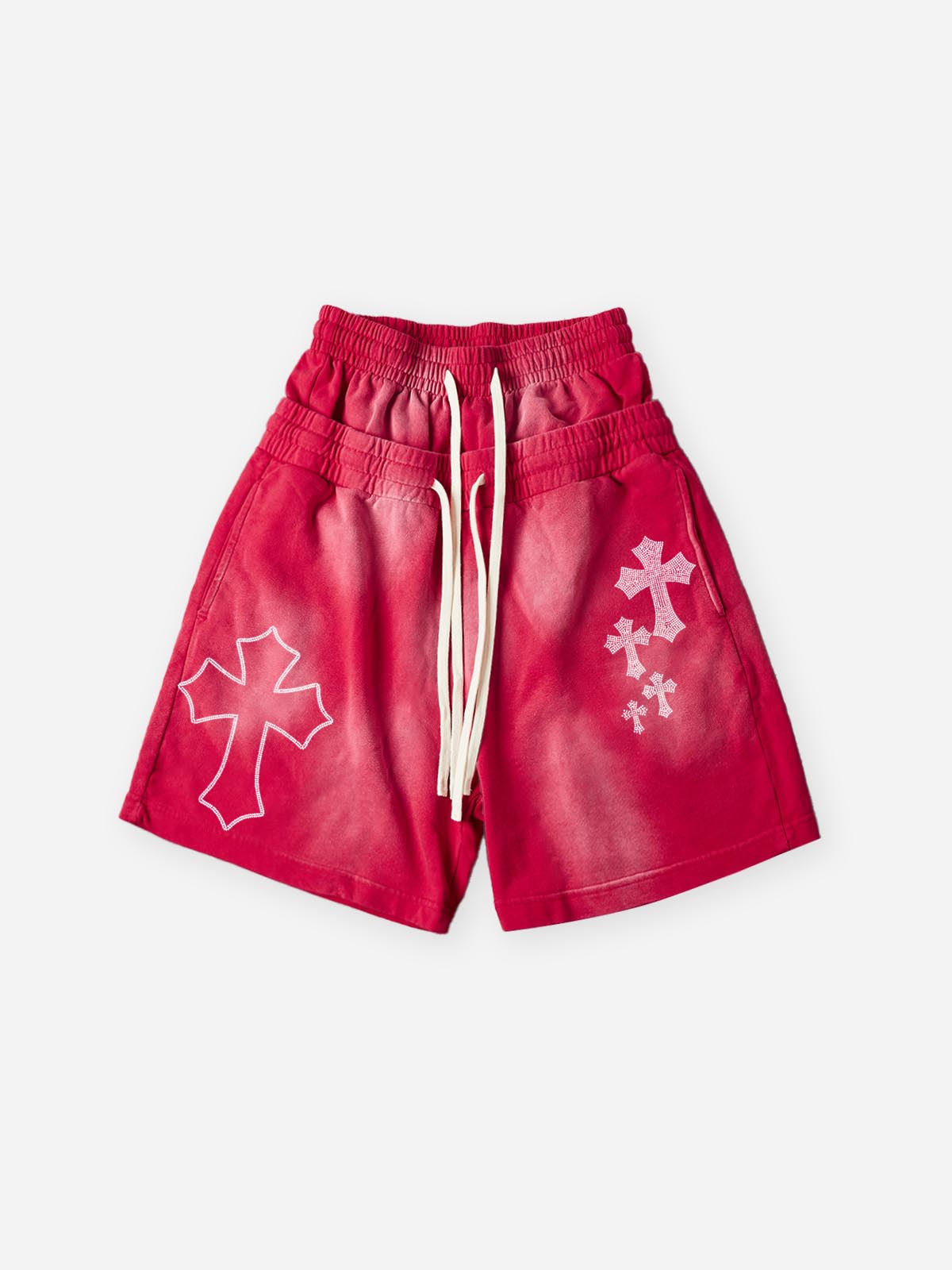 NOISSEY Rhinestone Gothic Cross Heavy Sweat Shorts - 4 Colors Available