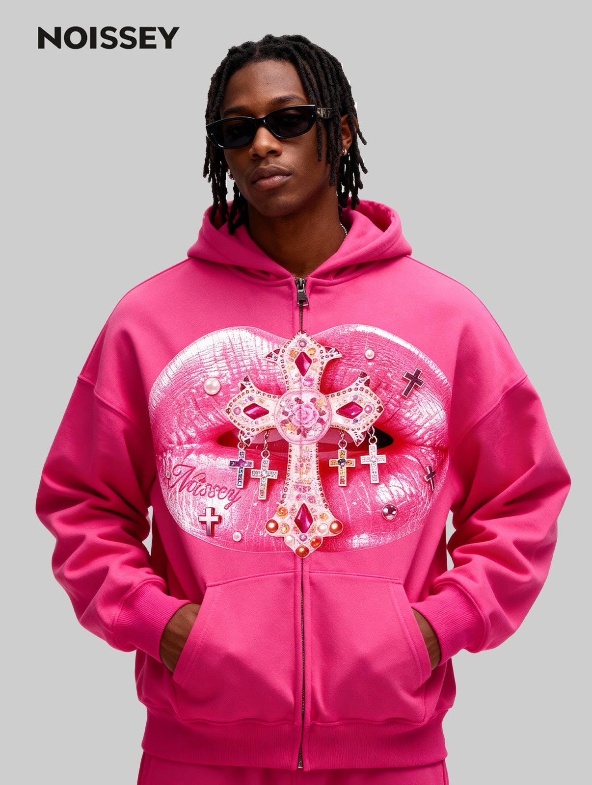 Romantic Pink Cross Lips Print Hoodie