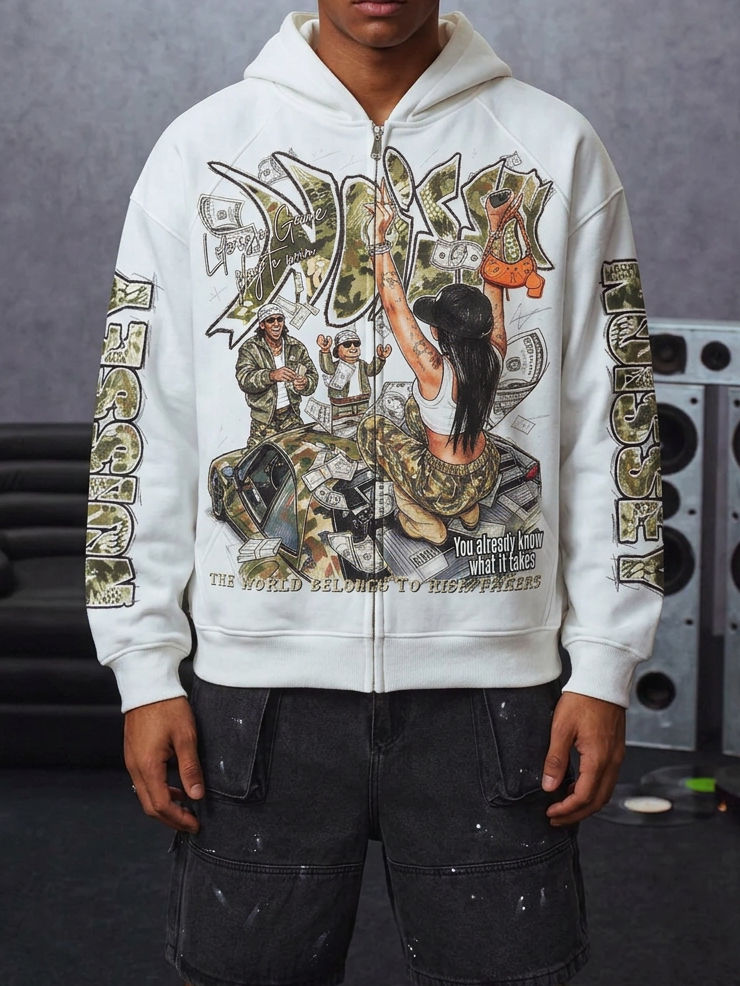 NOISSEY Camo Graffiti Supercar Hustle Theme White Zip-Up Hoodie