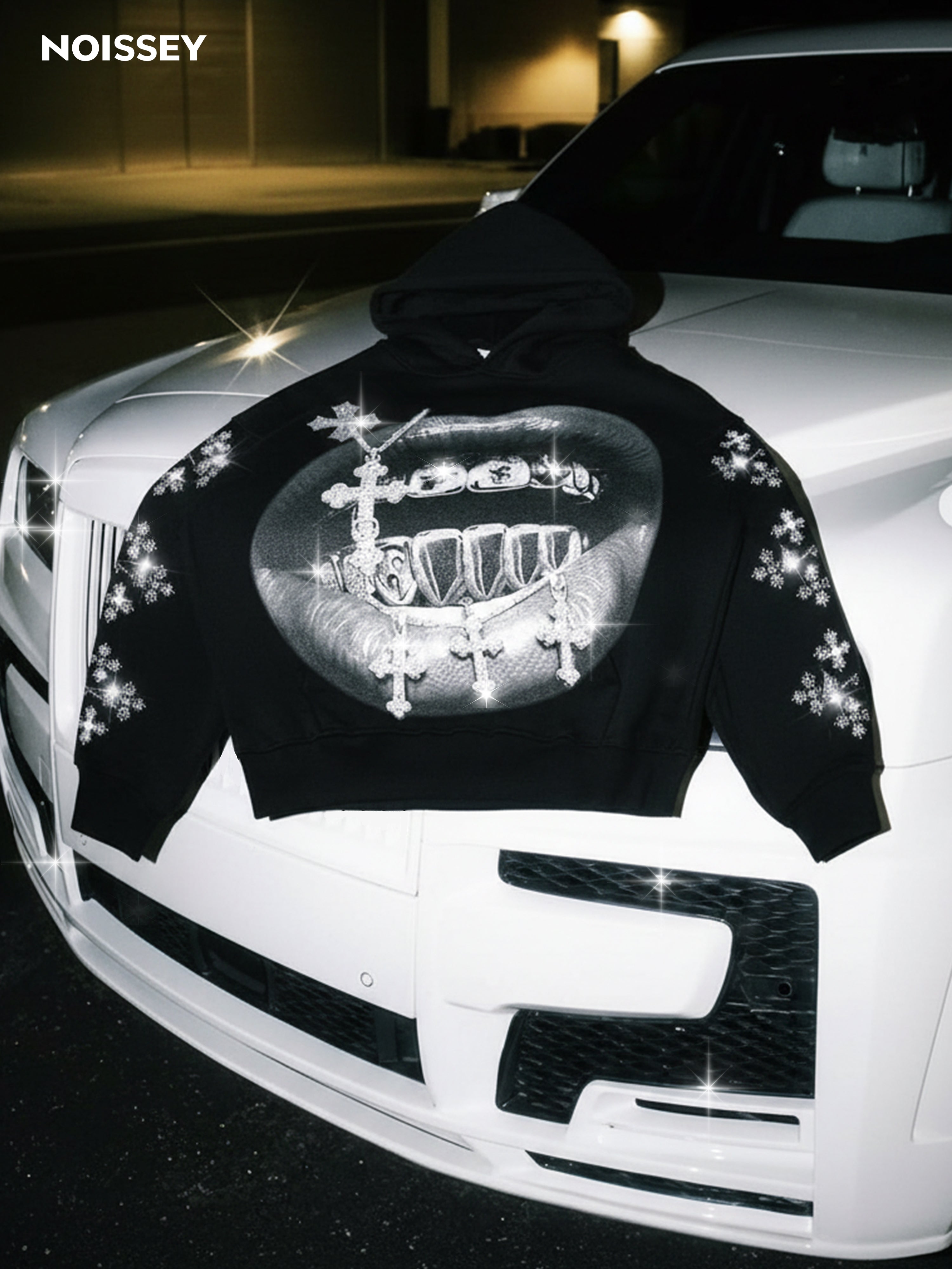 Cross Vintage Grills Black Sleeve Hot-Drill Print Hoodie