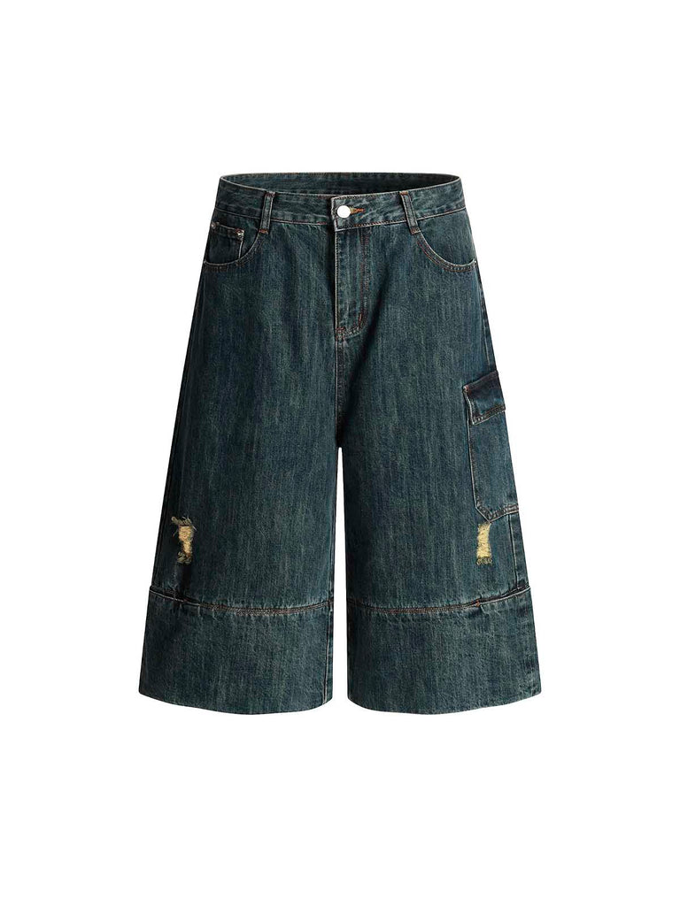 Side-Pocket Design Straight-Leg Knee-Length Jeans