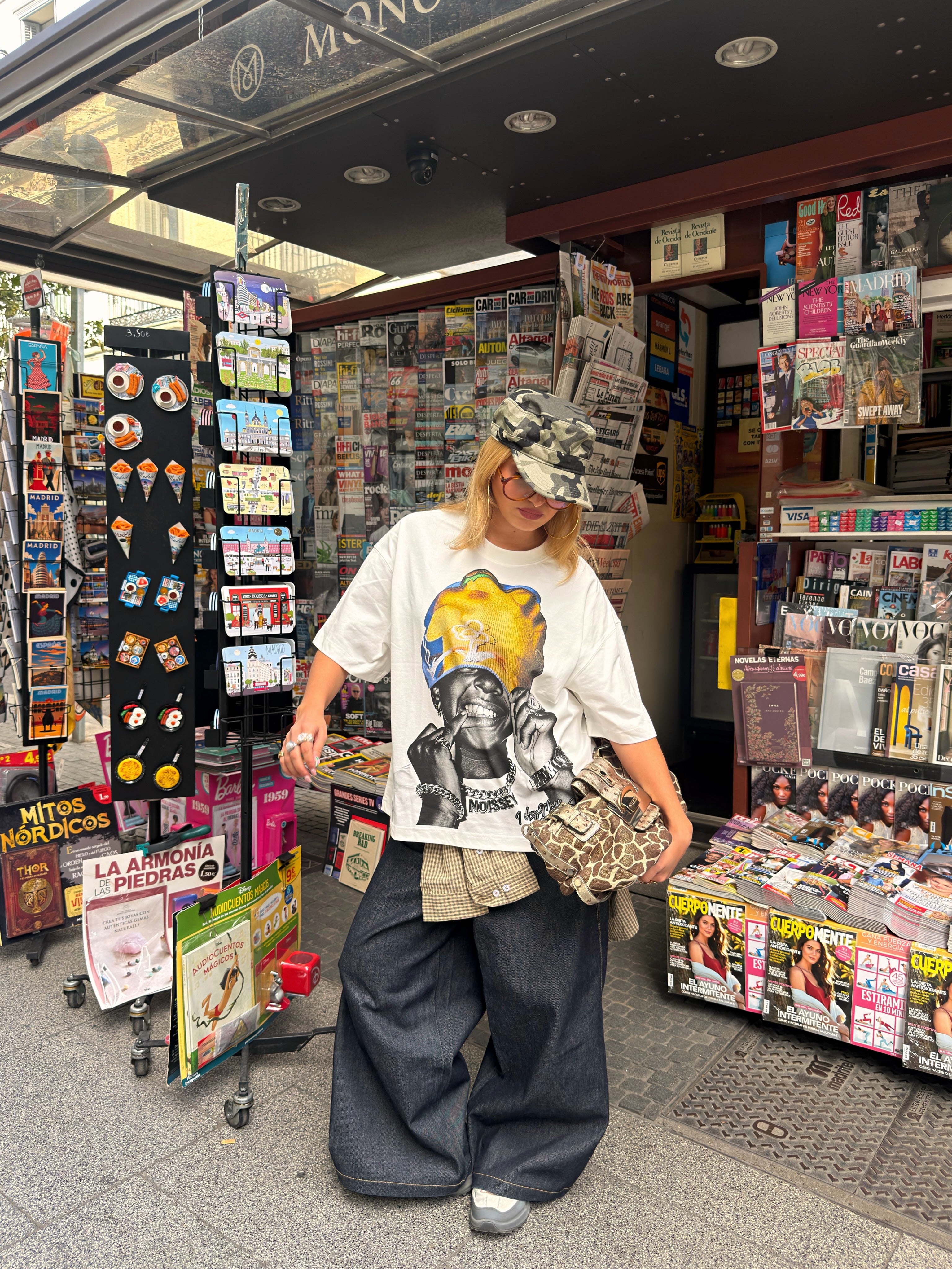 NOISSEY Yellow & Blue Knit Beanie Hip-Hop Boy Graphic Boxy Tee - White Heavyweight Streetwear T-Shirt