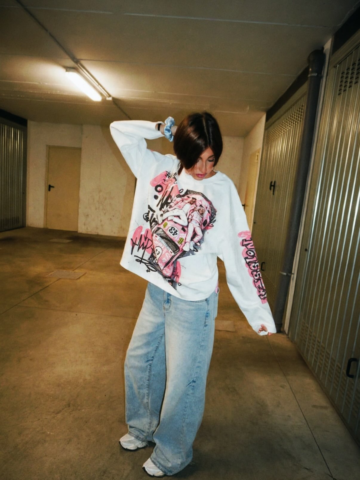 NOISSEY "Pink Hoonigan Graffiti" Coupe Tee - Clean White Long Sleeve