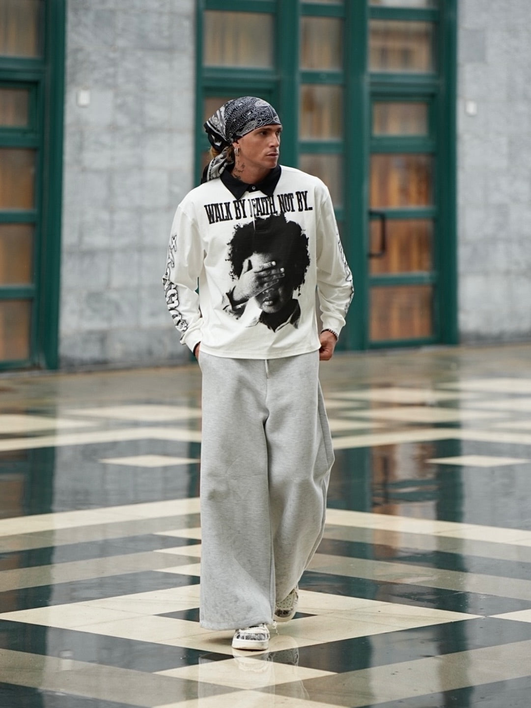 NOISSEY “WALK BY FAITH” Child Portrait Heavyweight Long Sleeve Polo - White Streetwear Long sleeves