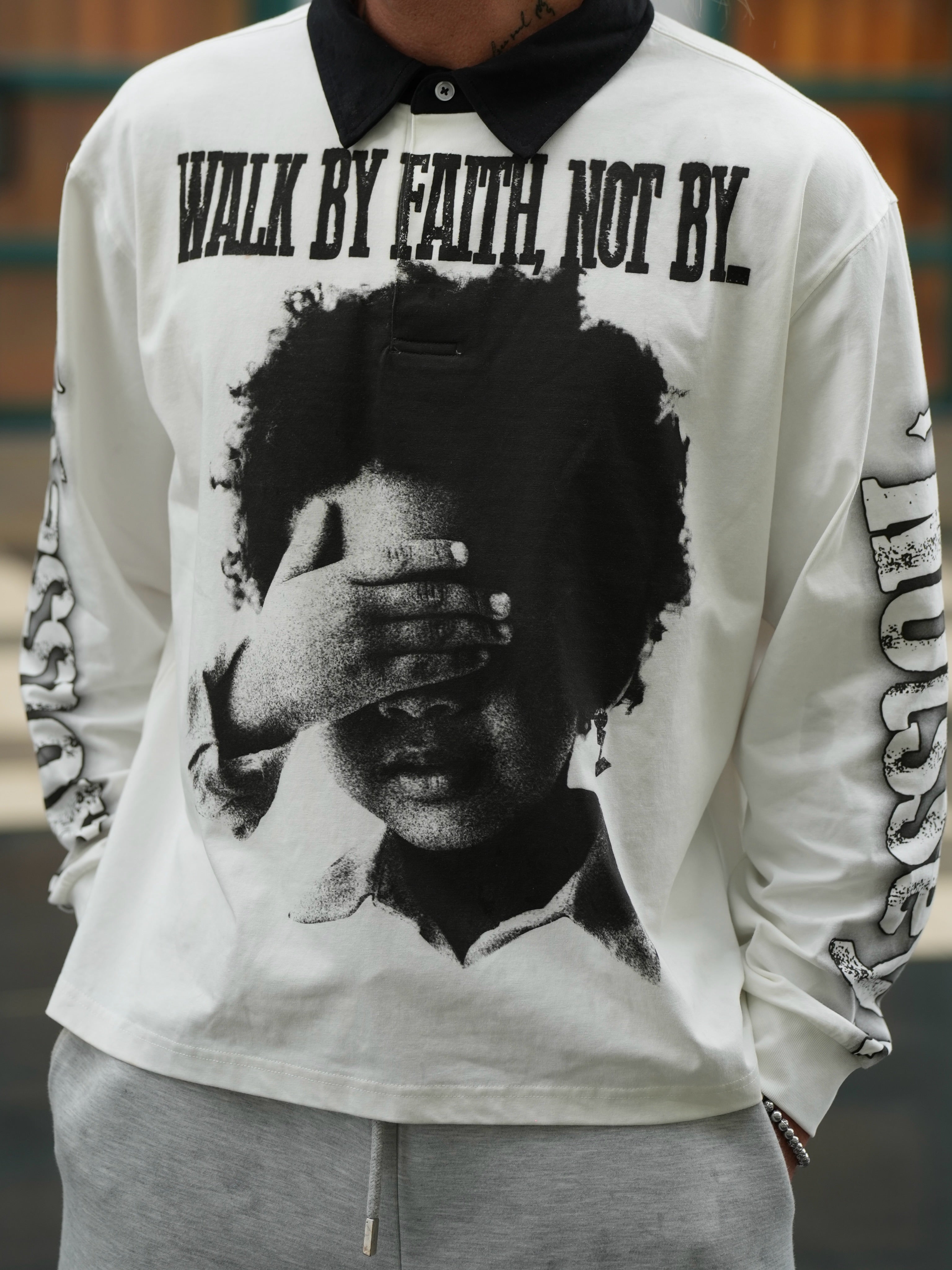NOISSEY “WALK BY FAITH” Child Portrait Heavyweight Long Sleeve Polo - White Streetwear Long sleeves