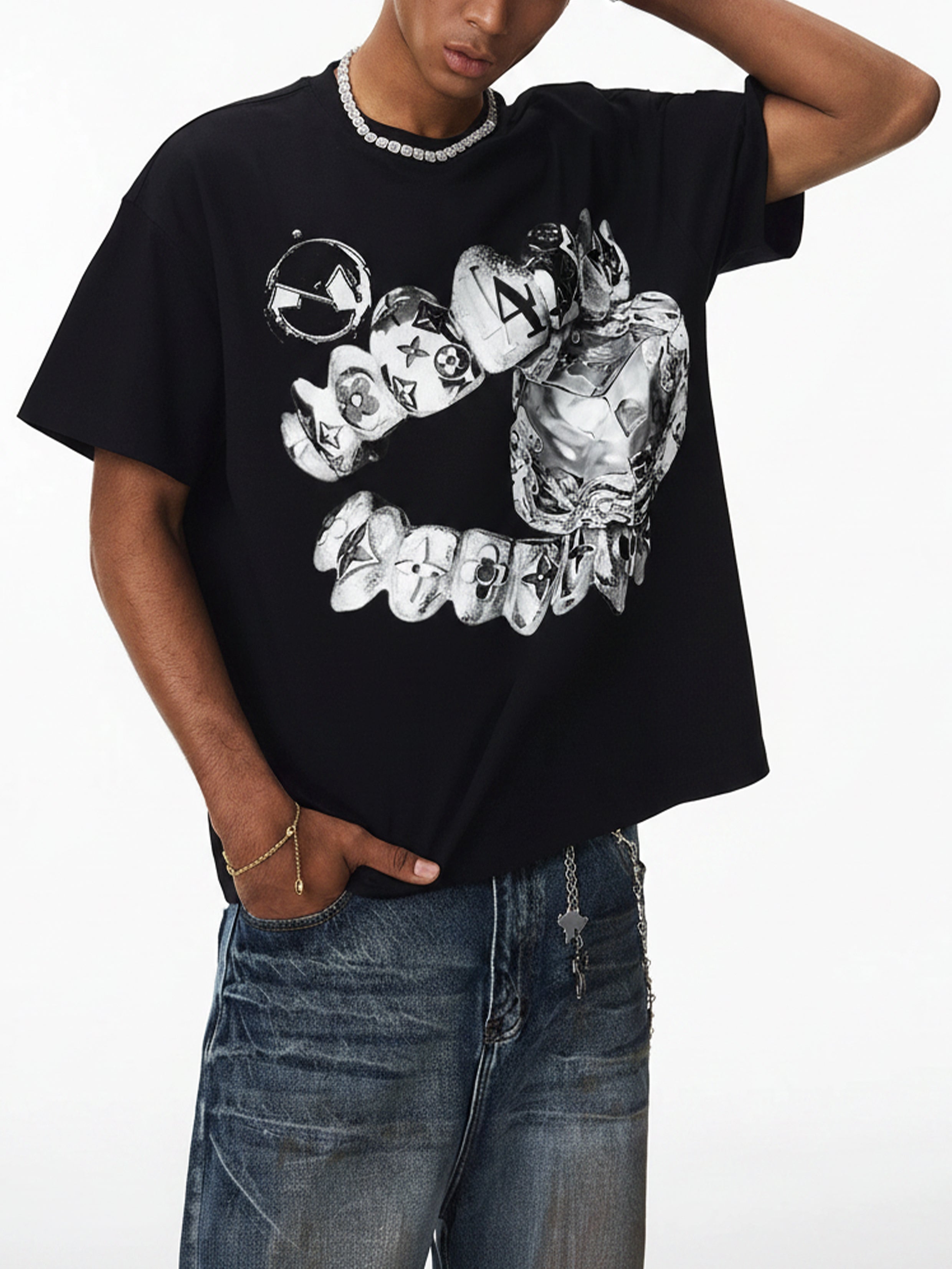NOISSEY "Liquid Chrome" Monogram Grillz Cooling Oversize Tee - Black