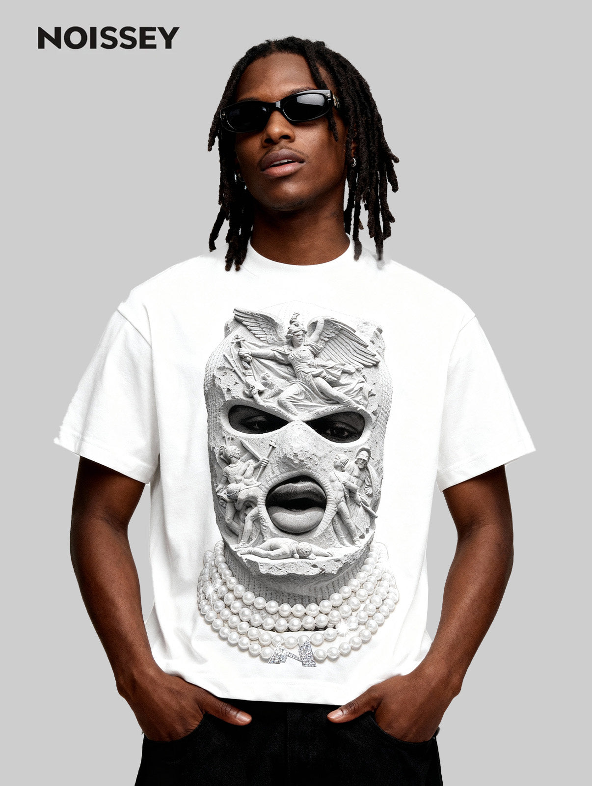 Black and White Pearl Embossed Balaclava White Printed T-shirt