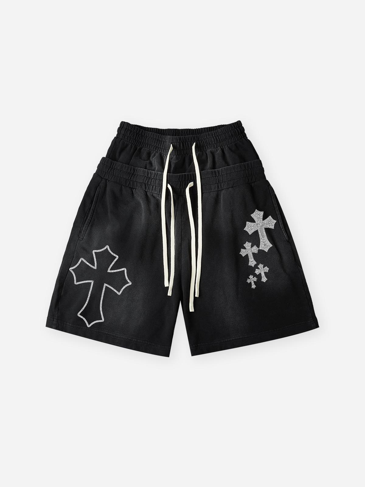 NOISSEY Rhinestone Gothic Cross Heavy Sweat Shorts - 4 Colors Available