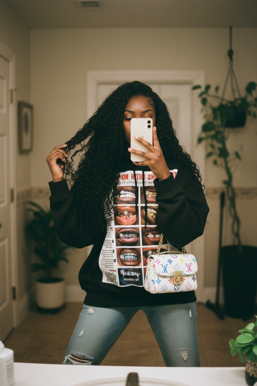 黑人女性穿卫衣自拍照