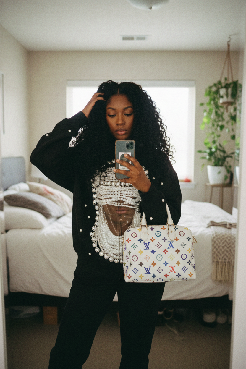 黑人女性穿着卫衣自拍