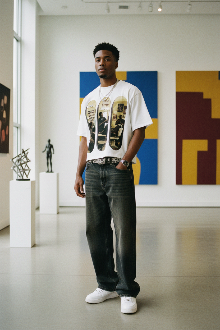 年轻混血黑人男性艺术画廊穿搭照-更短下摆